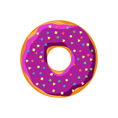 Fototapeta na wymiar Sweet tasty donut isolated on white background. Purple glazed and colorful sprinkles top view for cake cafe decoration or menu design. Delicious bakery vector eps illustration