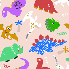 Seamless pattern with dinosaur. Baby background for textile, wrapping, fabric, wallpaper. Vector illustration