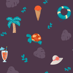 seamless summer pattern with cocktail lifebuoy, palm tree, turtle, leaves. Vector illustration. 