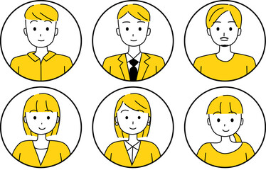 若いビジネスパーソン上半身笑顔丸枠（枠は線のみ）アイコンセット