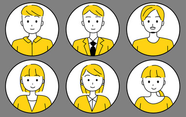 若いビジネスパーソン上半身笑顔丸枠（白色）アイコンセット