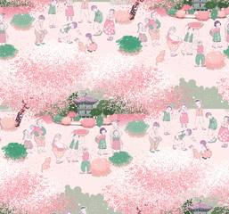 Seamless pattern illustration of cherry blossom viewing children and people in the neighborhood. The modern design of Korea. Design for Poster, card, picture frame, fabric, and web design	