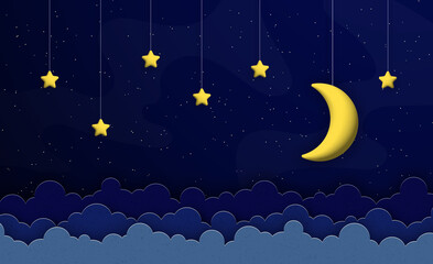 Obraz na płótnie Canvas Moon and stars hanging on strings in night sky.