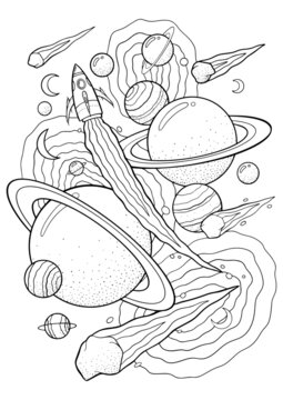 Coloring pages for kids of rockets and planets
