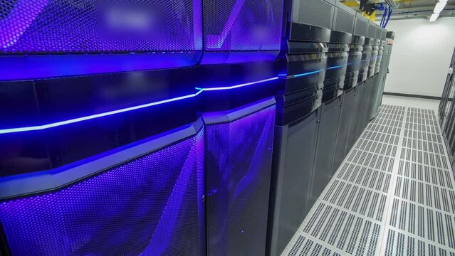 room with rows of server hardware in data center timelapse hyperlapse