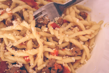 Italian Trofie Pasta With Meat, Tomatoes And Cheese
