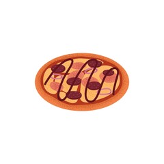 Pizza with sausage, melted cheese, barbecue sauce. Italian snack food with mozzarella, pepperoni, onion and traditional thick crust. Flat vector illustration isolated on white background