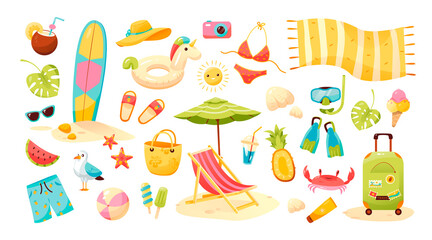 Big summer set. Hello summer. Summer set of cute elements. Swimsuit, sunglasses, sun lounger with umbrella, swimming circle, hat,  starfish, fruit, ice cream, fins and mask. Vector illustration