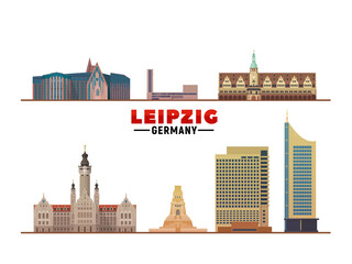 Leipzig Germany famous landmarks at white background. Flat vector illustration. Business travel and tourism concept with modern buildings. Image for banner or web site.
