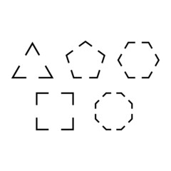 Triangle, square, pentagon, hexagon, octagon with a gap in the line icon. Vector geometry line break. Cut the line of three, four, five, six, eight sided polygon.