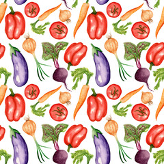 Watercolor pattern of vegetables. Plants on a white background. Eggplant, carrot, pepper, tomato, beetroot and onion.