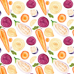 Watercolor seamless pattern of slices vegetables. Plants on a white background. Eggplant, carrot, beetroot and onion.