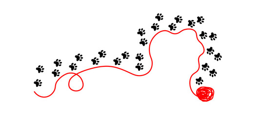 ślady kota podążające z czerwonym, rozwiniętym kłębkiem wełny, tropy zwierząt, kota, psa - obrazy, fototapety, plakaty