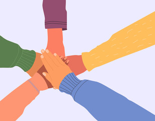 Concept of support, unity, teamwork, agreement. Hands of a diverse group of people come together. Vector flat illustration.