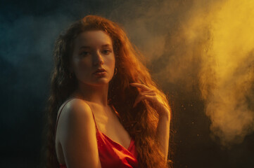 Beautiful redhead freckled women with long natural curly hair posing in smoke, darkness and warm...