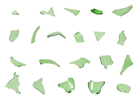 Set Of Green Glass Shards Isolated On White Background