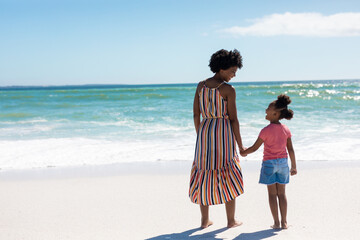 Happy african american mother and daughter holding hands while standing at beach on sunny day