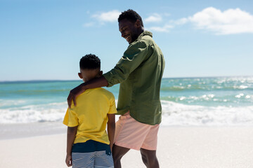 Rear view of happy african american father and son walking at beach on sunny day