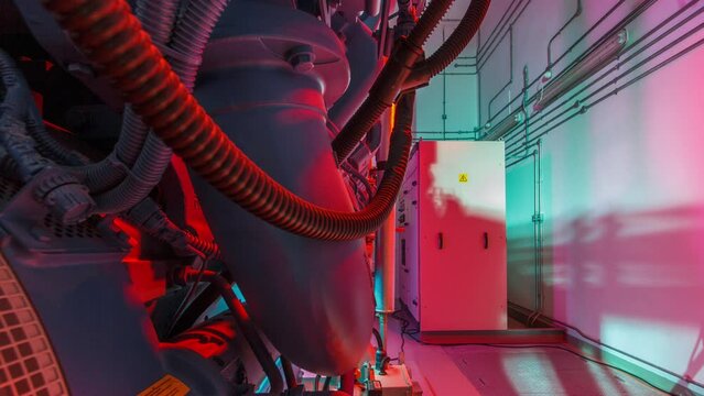 Diesel electric generator in power supply room of data center timelapse hyperlapse
