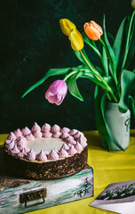 Spring mood: cheesecake and tulips