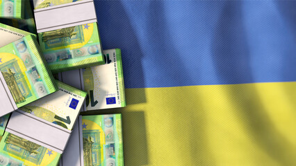 Euroscheine auf Ukraine-Flagge - Finanzhilfe für die Ukraine