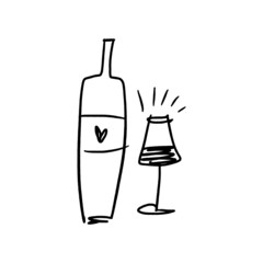 Vector line art wine minimal logo bottle and glass alcohol linear style label
