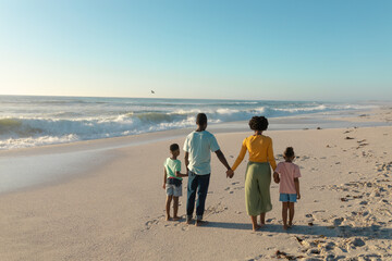 Full length rear view of african american family holding hands while standing at beach on sunny day - Powered by Adobe