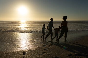 Full length of african american family holding hands walking at beach during sunset