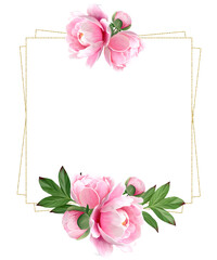 Rectangle frame with pink peonies, leaves and gold elements isolated on a white background