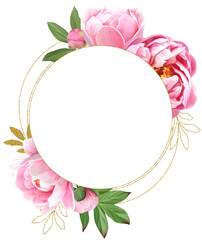 Round frame with pink peonies, leaves and gold elements isolated on a white background	