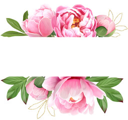 Frame with pink peonies, leaves and gold elements isolated on a white background	