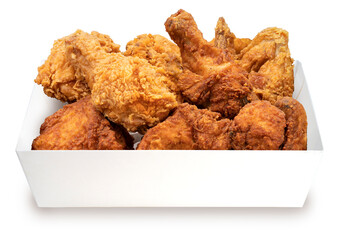 Fried chicken in paper bucket isolated on white background, Fried chicken on white With clipping path.