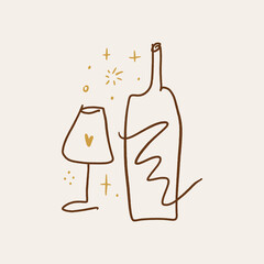 Vector line art wine minimal logo bottle and glass alcohol linear style label