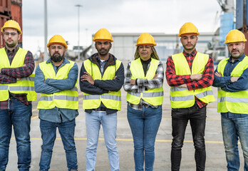 Team of diverse industrial engineers working in logistic terminal of container cargo