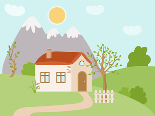 Obraz na płótnie Canvas Spring rural house in the mountains. Cute rustic landscape with a white fence, tree, bushes, lawn. Vector illustration of a sunny day outside the city.