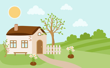 Fototapeta premium Spring village house. Cute rustic landscape with a white fence, daffodil flowers, tree, bushes, lawn. Vector illustration of a sunny day outside the city.