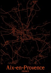 Black and orange halloween map of Aix-en-Provence France.This map contains geographic lines for main and secondary roads.