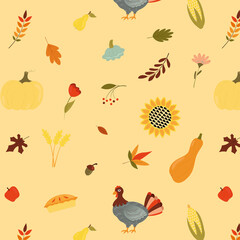 Happy Thanksgiving Day seamless pattern with holiday objects in flat style. Background with pumpkin, turkey, pie in pastel color. Vector illustration for design, fabric or wrapping paper