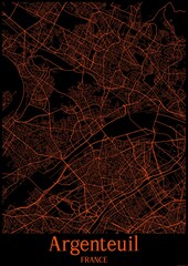 Black and orange halloween map of Argenteuil France.This map contains geographic lines for main and secondary roads.
