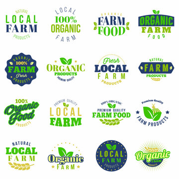 Farm 16 badges colored set. Set of organic farming and natural products labels and stickers. Isolated. Vector.