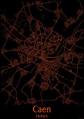 Black and orange halloween map of Caen France.This map contains geographic lines for main and secondary roads.