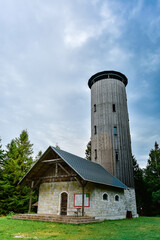 Lookout tower and tourist shelter on the top of Boruvkove mountain, a tourist attraction on the...