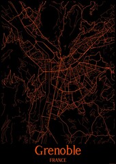 Black and orange halloween map of Grenoble France.This map contains geographic lines for main and secondary roads.