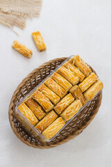 Homemade Indonesian pineapple tart cookies or Nastar served to celebrate Idul Fitri or Eid al Fitr.