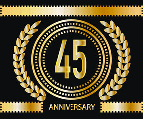 45 years anniversary celebration logotype. Vector and illustration in gold and black background