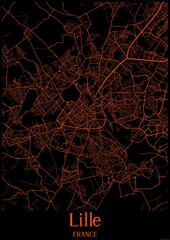 Black and orange halloween map of Lille France.This map contains geographic lines for main and secondary roads.