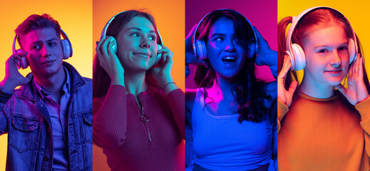 Set of portraits of young people listening to music in headphones isolated over multicolored...