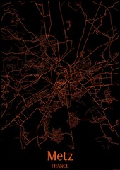 Black and orange halloween map of Metz France.This map contains geographic lines for main and secondary roads.