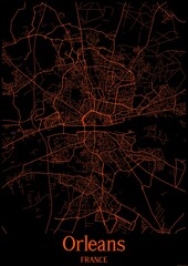 Black and orange halloween map of Orleans France.This map contains geographic lines for main and secondary roads.