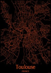 Black and orange halloween map of Toulouse France.This map contains geographic lines for main and secondary roads.